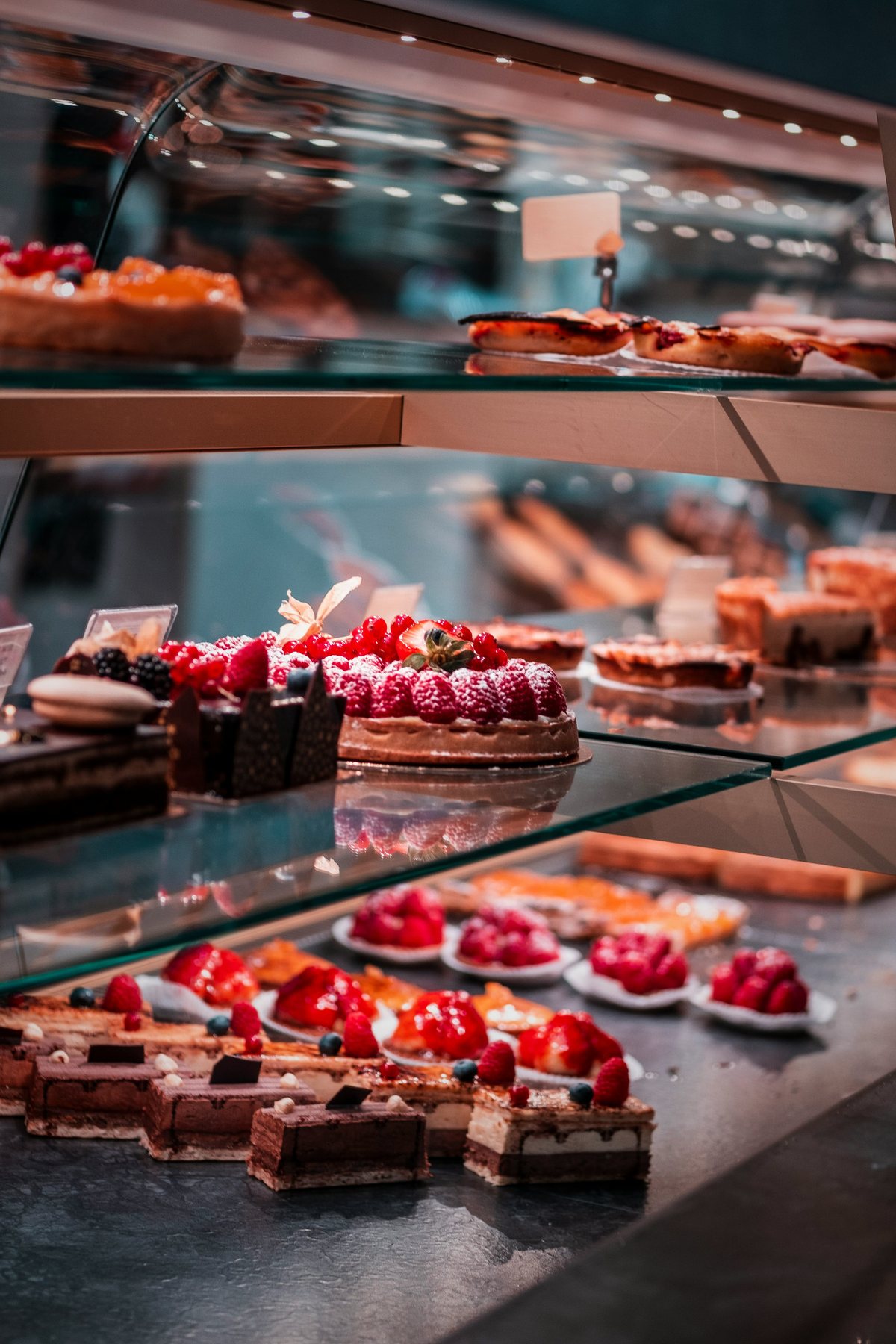 Cakes and pastries in a glass display